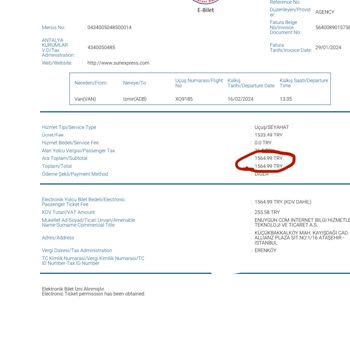 SunExpress Hava Yolları Enuygun Uygulamasının Fatura Kesmediği 50 Lira