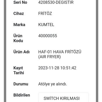 Kumtel Airfry 70 Günlük Servis Süreci