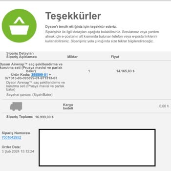Dyson Airwrap Sebepsiz İptal Edilen Sipariş