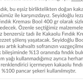 Seyidoğlu Gıda Seyidoğlu Boool Kakaolu Fındık Kremasının İçeriğini Yanlış Veriyor