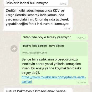 Rova Bilişim Kullanılmamış Ürün İadesi Almıyor!