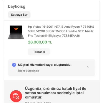 Hepsiburada'DA Ürünün Yanlış Fiyatlandırmadan Dolayı İptal Edilmesi!