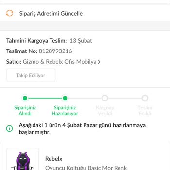 Trendyol'dan Oyuncu Koltuğu Siparişi Verdim Ve Sipariş Gönderilmiyor.