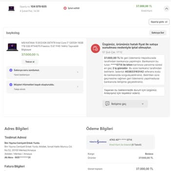 Bayko Satın Alınan Laptopun İptal Edilen Siparişi