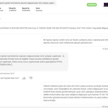 Hepsiburada Satın Alınan Laptopun İptal Edilen Siparişi