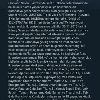 TAB Gıda Şirketi Çekiliş Yapıyor Ama Kazanana Hak Ettiğini Vermiyor.