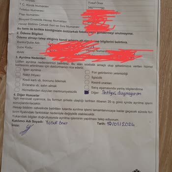 Anadolu Hayat Emeklilik İade Talep Formu Onaylandı Geri İadesi Yapılmadı.