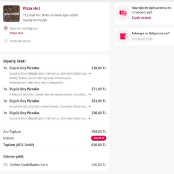 Yemek Sepeti Firmasının Müşteriyi Yanıltması