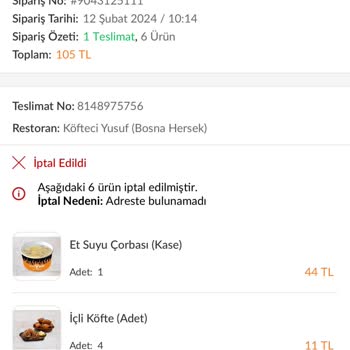 Trendyol Yemek Köfteci Yusuf Paramı İade Etmedi Siparişimi Göndermedi