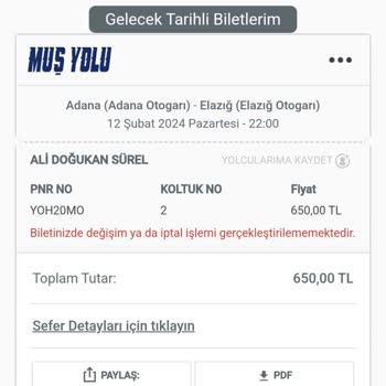 Muş Yolu Turizm Bilet İadesi Almak İstiyorum