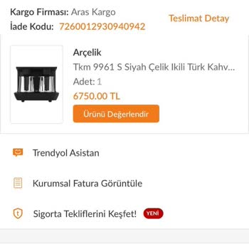 Arçelik 9961 S Siyah Kahve Makinesi Su Almıyor İade Kabul Edilmiyor