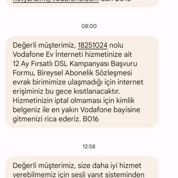 Vodafone Ev İnterneti Online Eksik Evrak Dolayı İptali