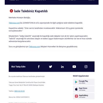 Teknosa Ürün Para İadesinin Yapılmaması