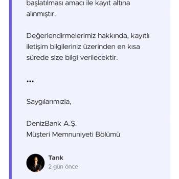Denizbank Black Yıllık Üyelik Ücreti İadesi Hk.