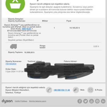 Dyson.com.tr Ürün Siparişinin Sevk Edilmeden İade İşlemine Alınması