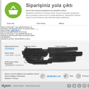 Dyson.com.tr Ürün Siparişinin Sevk Edilmeden İade İşlemine Alınması
