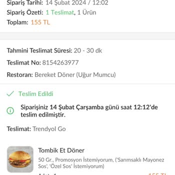 Bereket Döner Teslim Edilmeyen Sipariş