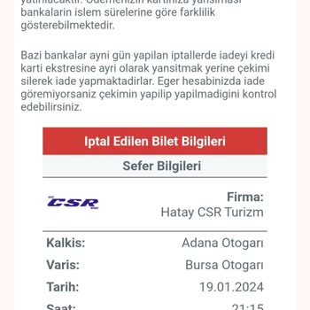 CSR Seyahat O Biletten Alınan Biletin İadesi