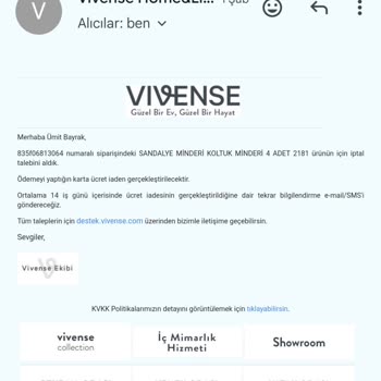 Vivense Ürünü Göndermedi Para İadesi Yapmıyor
