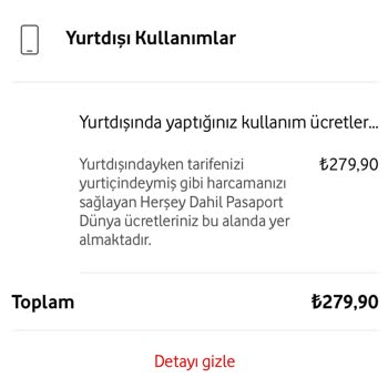 Ocak 2024 Vodafone Yurt Dışı Sinyal Fatura Ücreti