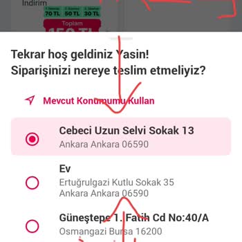 Yemeksepeti Uygulamada Şu Anki Konum Özelliğinin Yanlış Çalışması.