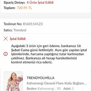 Trendyolmilla Sipariş İptali Ücret İadesi