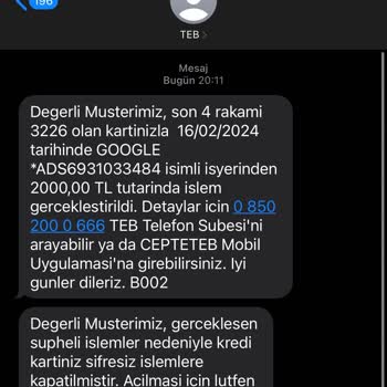 TEB Google Ads Habersiz Kredi Kartımdan Çekim Yaptı