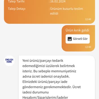 English Home Kırık Ürün Tedarik Edilememesi