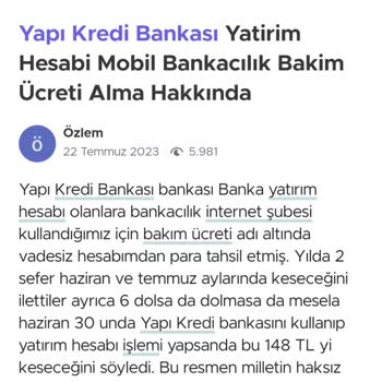 Yapı Kredi Bankası Bankası Yatırım Hesabi Bakım Ücreti Alma