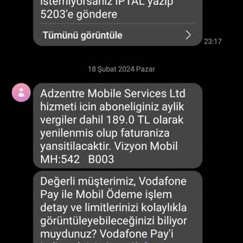 VizyonMobil Faturama İzinsiz Yansıyan Abonelik Ücreti!