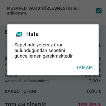 Watsons Sipariş Veremiyorum Çünkü Sepetinizi Güncelle Diyor