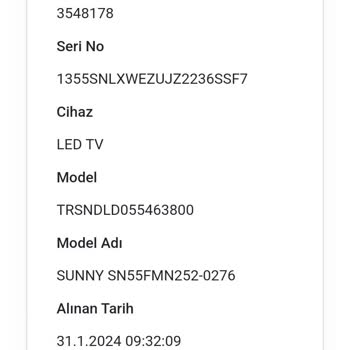 Sunny 147 İnç Webos LED TV Panel Hatası Ve Servis Tedarik Edilememesi.