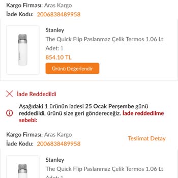 Trendyol Stanley Marka Termosta Beni Mağdur Etti