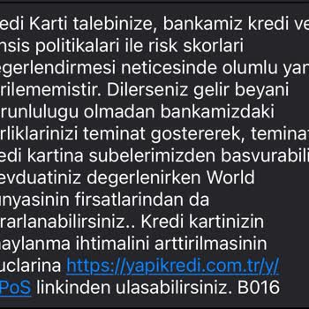 Yapı Kredi Kredi Kartı Başvuru Reddi Hk.