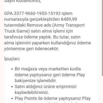 Google Play Geri Ödeme Yapmıyor