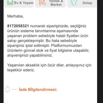 Trendyol Satın Almış Olduğum Ürünü Hatalı Fiyat Diye İptal Etti.