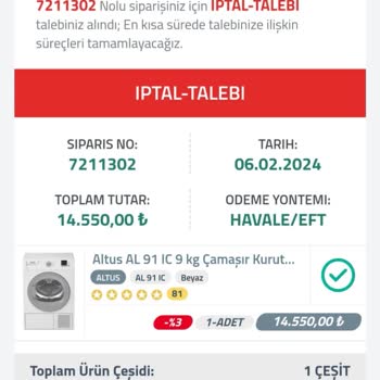 Arcelikavm.com Kargolanmayan Kurutma Makinesinin Para İadesi