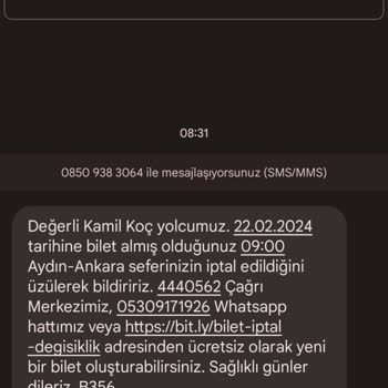 22.02.2024 09.00 Kamil Koç Seferim 20 Dakika Kala İptal Edildi