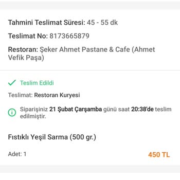 Şeker Ahmet Pastane & Cafe Tatlı Firmasının Ürün Kalitesiyle İlgili Müşteri Şikayeti