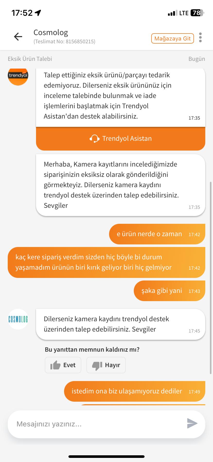 Cosmolog Trendyol Sipari Im Eksik Ve K R K Geldi Ikayetvar