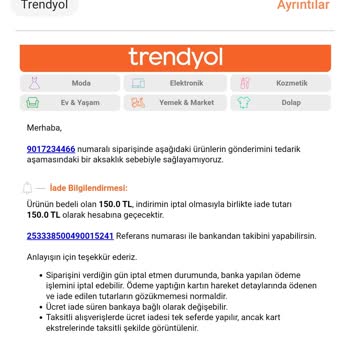 Trendyol Ücret İadesi Kartıma Yansıtılmadı