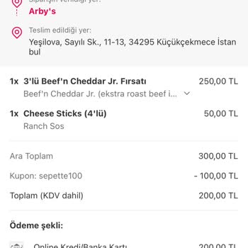 Yemeksepeti Arbys Restoranı Parasını Ödediğimiz Ürünler Gelmedi