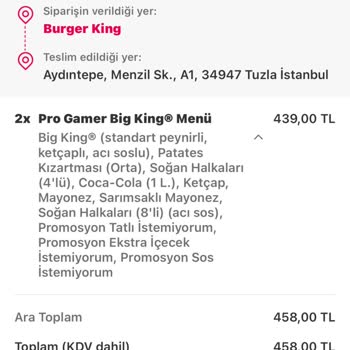 Yemeksepeti Aracılığı İle Burger King Siparişi