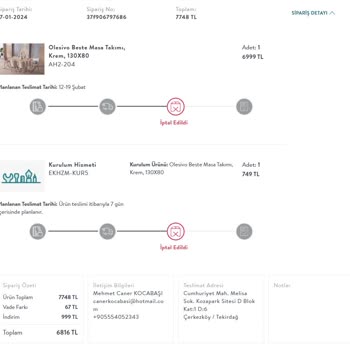 Vivense Mobilya Ücret İadesi Yapmıyor