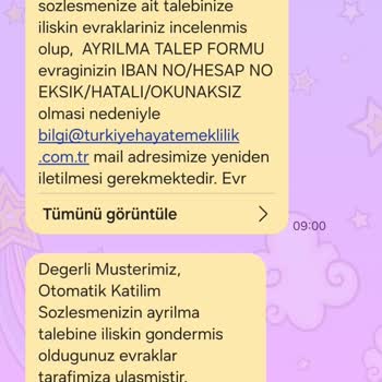 Türkiye Hayat Emeklilik BES Ayrılma Talebi Problemi