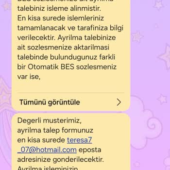 Türkiye Hayat Emeklilik BES Ayrılma Talebi Problemi