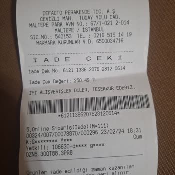 DeFacto İade Ücretine Yerine Çek
