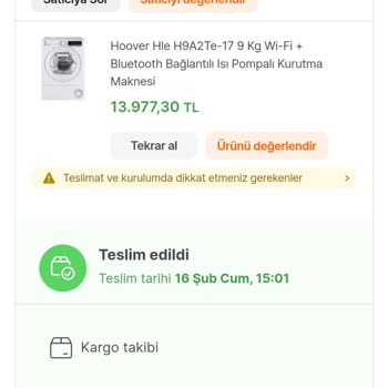 Hepsiburada 14 Şubatta Aldığım Hoover Kurutma Makinesi Fiyatı Bin Tl Daha Düştü