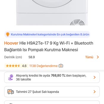 Hepsiburada 14 Şubatta Aldığım Hoover Kurutma Makinesi Fiyatı Bin Tl Daha Düştü