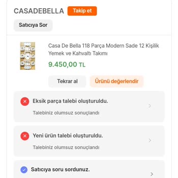 Hepsiburada Casadebella Yemek Takımı Eksik Parça Tamamlanmıyor